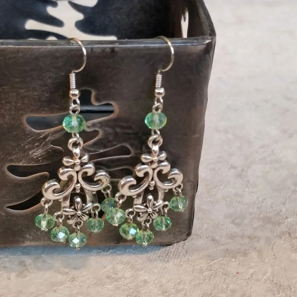 Victorian Green Faceted Crystal Art Nouveau Silver Scroll Chandelier Earrings